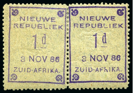 Stamp of South Africa » New Republic 1886-87 1d violet on blue granite paper, mint ARMS TETE-BECHE pair