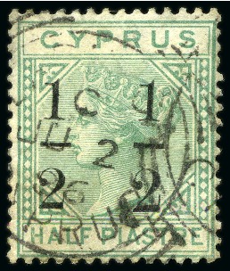 Stamp of Cyprus » Queen Victoria Keyplate Issues 1886 Wmk Crown CA 1/2 on 1/2pi emerald-green (fractions 6mm apart) large 2 variety