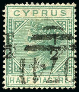 Stamp of Cyprus » Queen Victoria Keyplate Issues 1886 Wmk Crown CC 1/2 on 1/2pi emerald-green (fractions 6mm apart)