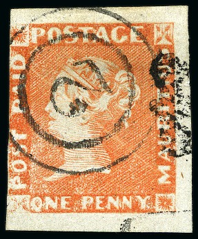 Stamp of Mauritius » 1848-59 Post Paid Issue » Early Impressions (SG 6-9) 1848-59 Early Impression 1d orange-vermilion, position 10, used with target numeral "2" of Flacq