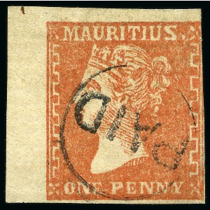 Stamp of Mauritius » 1859 Dardenne Issue (SG 41-44) 1d dull vermilion, used, touched at right, three adequate to very large margins,