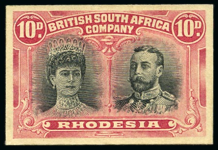 Stamp of Rhodesia 1910-13 Double Head 10d die proof in trial colours of black and rose-carmine