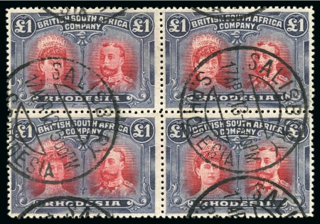Stamp of Rhodesia 1910-13 Double Head £1 rose-scarlet and bluish, used block of four