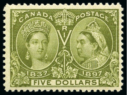 Stamp of Canada 1897 Jubliee $5 olive-green, mint nh, well centred, a gem