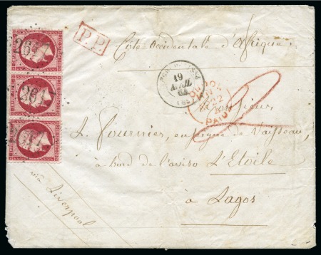 Stamp of France 1862 80c Empire dentelé en bande de trois (déf.) obl. GC sur enveloppe de Negrepelisse 19.04.1964 pour LAGOS, PP rouge, transit Londres, propre, rare triple port