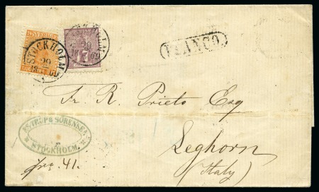 Stamp of Sweden 1869 24ö orange +17ö violet tied by Stockhom 29.6 1869 cds to cover to Italy, very fine, unique combination, cert. Obermüller