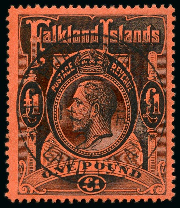 Stamp of Falkland Islands 1912-20 £1 black on red, used