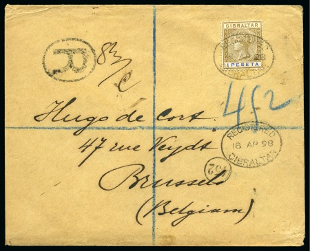 Stamp of Gibraltar 1898 Reg'd cover to Belgium with 1p brown, arrival cds, very fine, scarce