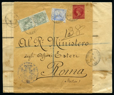 Stamp of Gibraltar 1898 10c wrapper with additional franking, sent registered to the Minister of Foreign Affairs in Roma, Italy by the Italian Consulate in Gibraltar