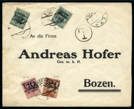 Stamp of Italy » Italy Local Issue Meran ITALY 1919 LOCAL ISSUE BOLZANO POSTAGE DUE PROVISIONALS ON COVER