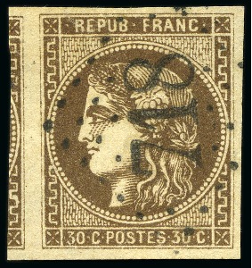 Stamp of France 1870 Lot de quatre Bordeaux : 2c avec voisin, 4c avec bdf, 30c avec voisin, Yv. 46A, tous signés et TB