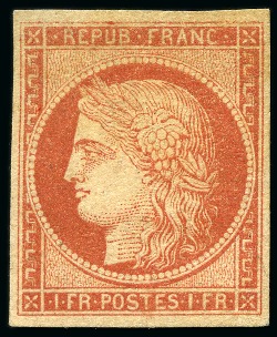 Stamp of France 1849 Cérès 1F vervelle, neuf sans gomme, sans aminci, TB, cert. Calves 2018 (Yv. € 30'000)