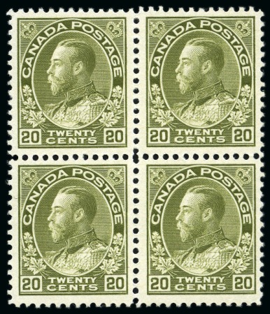 Stamp of Canada 1911-22 20c olive-green, mint block of four