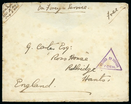Stamp of Aden 1916 OAS cover with with triangle censor handstamp