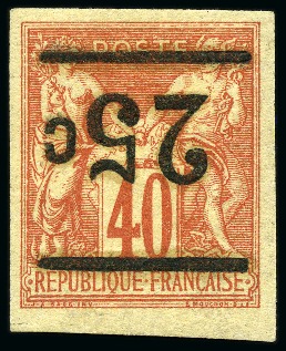 Stamp of Colonies françaises » Tahiti TAHITI Yv. 2a, variété surcharge renversée, neuf avec petit bord de feuille, TB, très rare (tirage <50), signé A.Brun, Calves, Roumet (Yv. € 6'800)