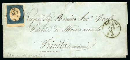 Stamp of Italian States » Sardinia 1854 20c Blue with large margins all around including bottom sheet margin, tied by GENOVA 3 SEP 54 cds on folded cover to La Trinità, very fine