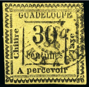 Stamp of Colonies françaises » Guadeloupe Guadeloupe TAXE Yv. 3 et 10, obl, TB, rare, le 3 signé A.Brun et cert. Cérès (Yv. € 1'600)