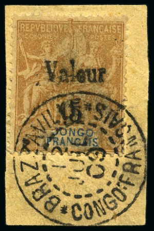 Stamp of Colonies françaises » Congo Congo Yv. 26 obl. Brazzaville 12.07.1900 sur petit fragment 3 dents à peine courte, jolie pièce, très rare, signé A.Brun, cert. Roumet (Yv. € 3'500)