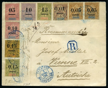 Stamp of Colonies françaises » Madagascar (Poste française) Madagascar Yv. 48 à 50 +52 à 55 petit zéro +51/52 gros zéro sur lettre recommandé de Tamatave 03.04.1909 pour l'Autriche, arr., TB