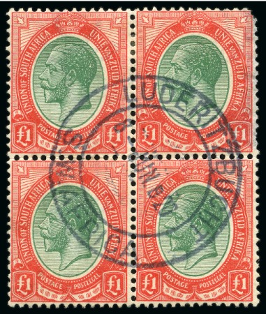 Stamp of South West Africa 1913 King Head £1 green and red, used block of four