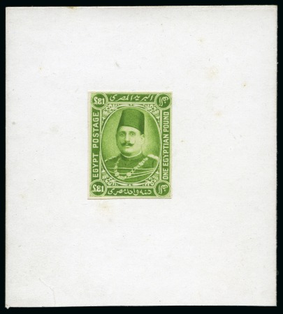 Stamp of Egypt » 1914-53 Pictorial, Farouk and Fuad Essays 1922 Essays of Harrison & Sons, £E1 essay in green, mounted on card, very fine and rare