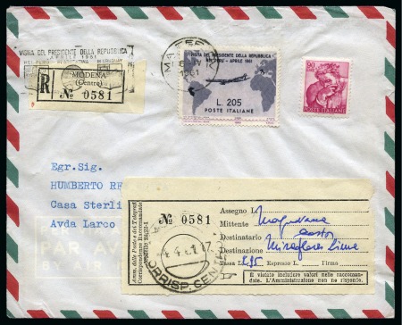 Stamp of Italy 1960 205L "Gronchi" rose underneath 205L grey on registered cover to Lima