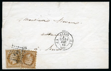 Stamp of France 10c Bistre, deux exemplaires dont un avec piquage susse, avec losange JS1 sur pli de Paris pour Reims, cert. Roumet