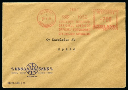 Stamp of Olympics » 1952 Helsinki Finnish meter slogan depicting Olympic Rings and "Official Forwarder"