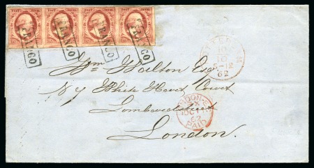 Stamp of Netherlands 10c Lake, STRIP OF FOUR tied by boxed FRANCO on folded cover to London