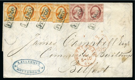 Stamp of Netherlands 15c Orange (4) and 10c lake in pair tied by boxed FRANCO on folded cover to Belfast (Ireland)
