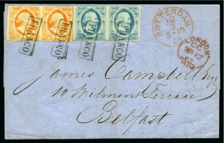 Stamp of Netherlands 15c Orange in pair together with 5c blue in pair (crease) tied by boxed FRANCO pmks on folded cover to Belfast