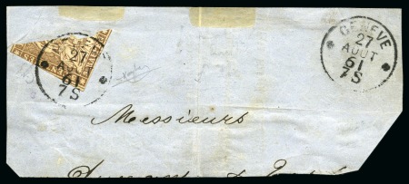 Stamp of Switzerland / Schweiz » Sitzende Helvetia Ungezähnt » 1857-62 Berner Druck, Dickes Papier 5Rp braun, Halbierung auf Briefstück entwertet GENEVE 27 AOUT 61, Attest