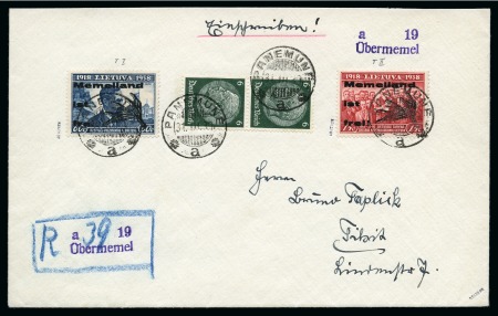 Stamp of Lithuania 1939 OBERMEMEL, 60c Blue and 15c red with Memelland ist frei! overprint and Hindenburg 6pf(2) tied by PANEMUNE 31 III 39 cds on registered cover to Tilsit, signed Keiler BPP