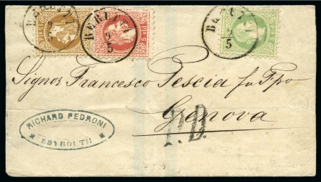 Stamp of Lebanon » Austrian Levant Post Offices LEBANON 1872 AUSTRIAN POST OFFICE : 3-colour franking 3so+5so+15so Berutti  to Genova