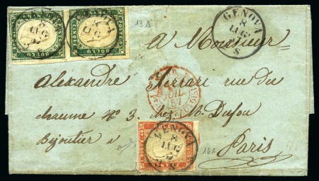 Stamp of Italian States » Sardinia 1855-63, 5c Myrtle green in pair and 40c scarlet red tied by GENOVA 8 LUG 57 cds on folded cover to Paris/France, slightly touched margins, cert. Biondi
