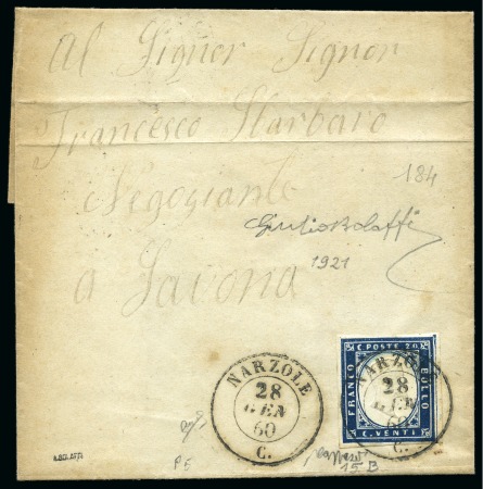 Stamp of Italian States » Sardinia 1855-63 20c Blue tied by NARZOLE 28 GEN 60 cds on wrapper (fascetta) to Savona, signed G. Bolaffi, A. Bolaffi, Biondi, scarce
