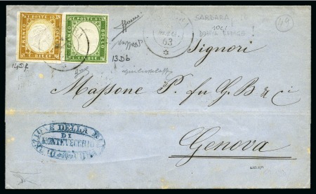 Stamp of Italian States » Sardinia 1855-63 5c Light yellow-green and 10c bister-orange (with part double-frame variety - doppia effige), tied GAGLIARI 24 MAG 63 cds on folded cover to Genova