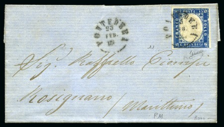 Stamp of Italy 1863 15c Blue tied by rare uncircled PONTEDERA 23 FEB 63 on folded cover to Rosignano, very fine, cert. Biondi