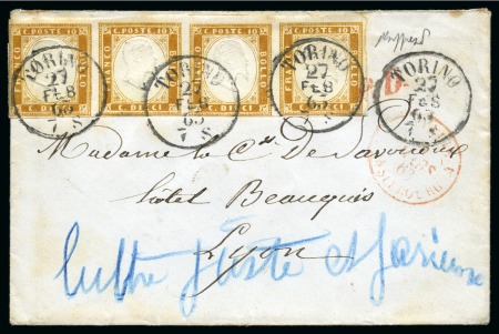 Stamp of Italian States » Sardinia 1855-63 10c Orange-ocher, strip of four tied by neat Torino 27 FEB 63 cds on small envelope to Lyon/France, cert Gaffaz
