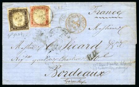 Stamp of Italian States » Sardinia 1855-63 10c DARK CHOCOLATE BROWN together with 40c red-carmine tied by TORINO 2 SETT 59 cds  on folded cover to Bordeaux