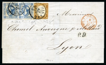 Stamp of Italy 1863 15c Blue, pair with both examples showing "closed C" variety together with Sardinia 10c bister tied MILANO 6 MAG 63 cds on cover to France