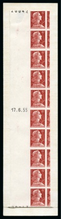 Stamp of France 1955-59 Marianne de Muller 6F brun-orange NON DENTELE en bande de 20 (deux timbres collés sur support, avec deux