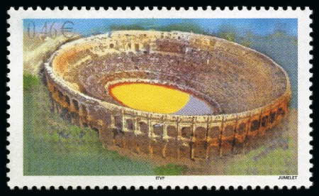 Stamp of France 2002 Arènes de Nîmes avec variété noir totalement absent, neuf sans ch., TB, très rare, cert. Marziano (Maury € 10'000)