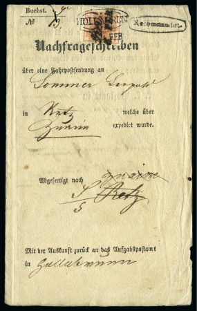Stamp of Austria » 1850 Issue 1853 Parcel request form franked 3Kr oval HOLLABRUNN
