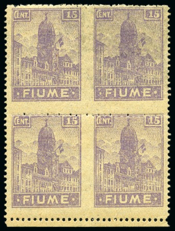 Stamp of Italy » Italy Fiume ITALIA FIUME 1919 15c grey paper in block of 4 with 2x  horizontal pair IMPERF INBETWEEN