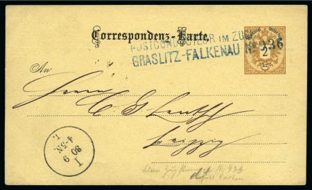 Stamp of Austria » 1883 Issue 1885 2Kr Postal stat. card bearing blue 2-line TPO Graslitz - Falkenau