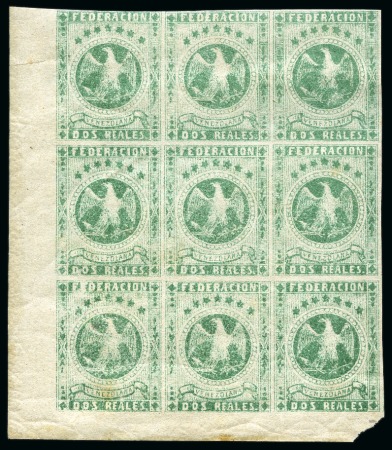 Stamp of Venezuela 1863-64 Eagle 2r green, mint, bottom left corner sheet marginal block of nine