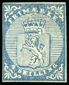 Stamp of Norway 1855 4sk blue, unused with four clear margins