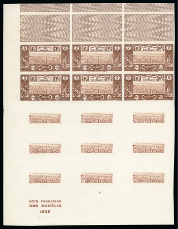Stamp of Colonies françaises » Côtes des Somalis 1938 5fr bloc marginal de quinze montrant les cadres manquants sur neuf timbres, unique