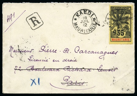 Stamp of Colonies françaises » Mauritanie 1912 Lettre recommandé pour Paris, affr. 35c obl KAEDI/18.JUIL.12 cad, TB